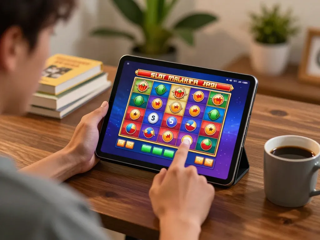 Engaging gameplay on Slot Malaysia with a player focused on the tablet in a cozy home setup.