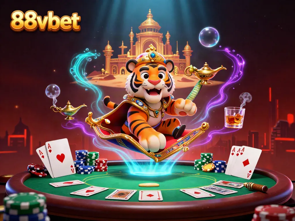 Engage with thrilling 88vbet gaming excitement featuring a tiger sultan and genie in a vibrant casino scene.