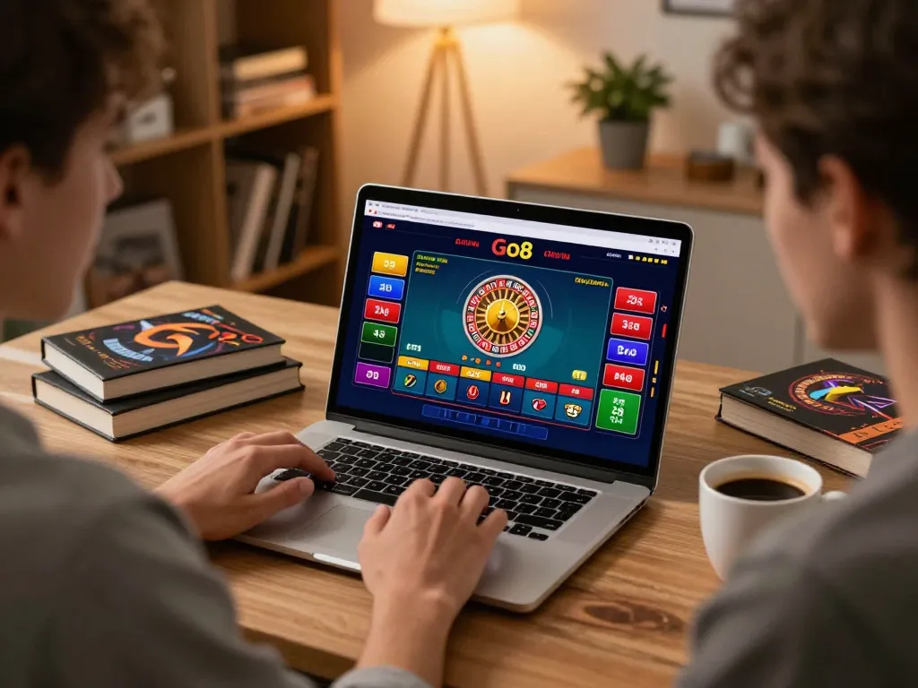 Engaging in strategic gameplay on the Go8 online casino platform, featuring a dynamic roulette game on screen.