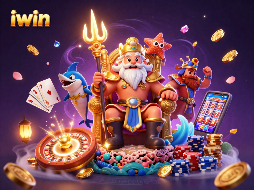 Spin to win like iwin in this vibrant 3D casino scene with Neptune and treasures!