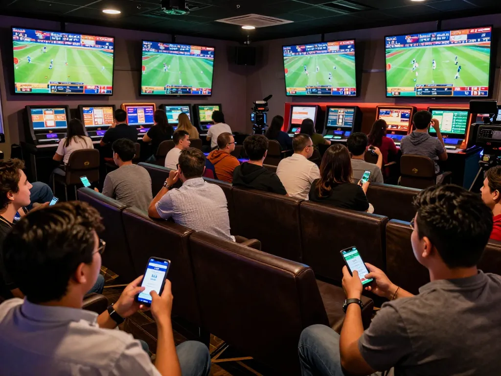 Tỷ lệ kèo nhà cái displayed on smartphones in a lively sports betting lounge, showing excitement in the atmosphere