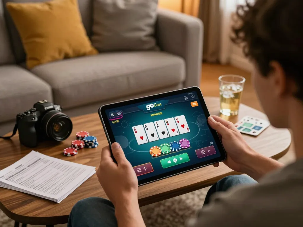 Engaged player enjoying blackjack on go8 com app in a cozy home environment.
