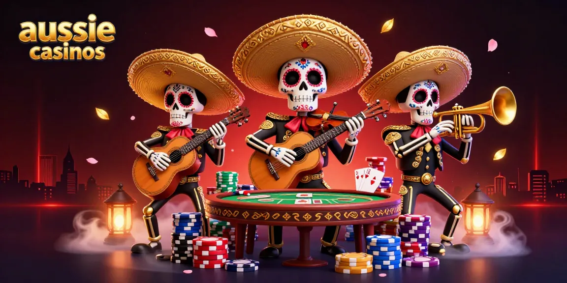 Play exciting games at aussie online casinos with vibrant mariachi skeletons and poker elements.
