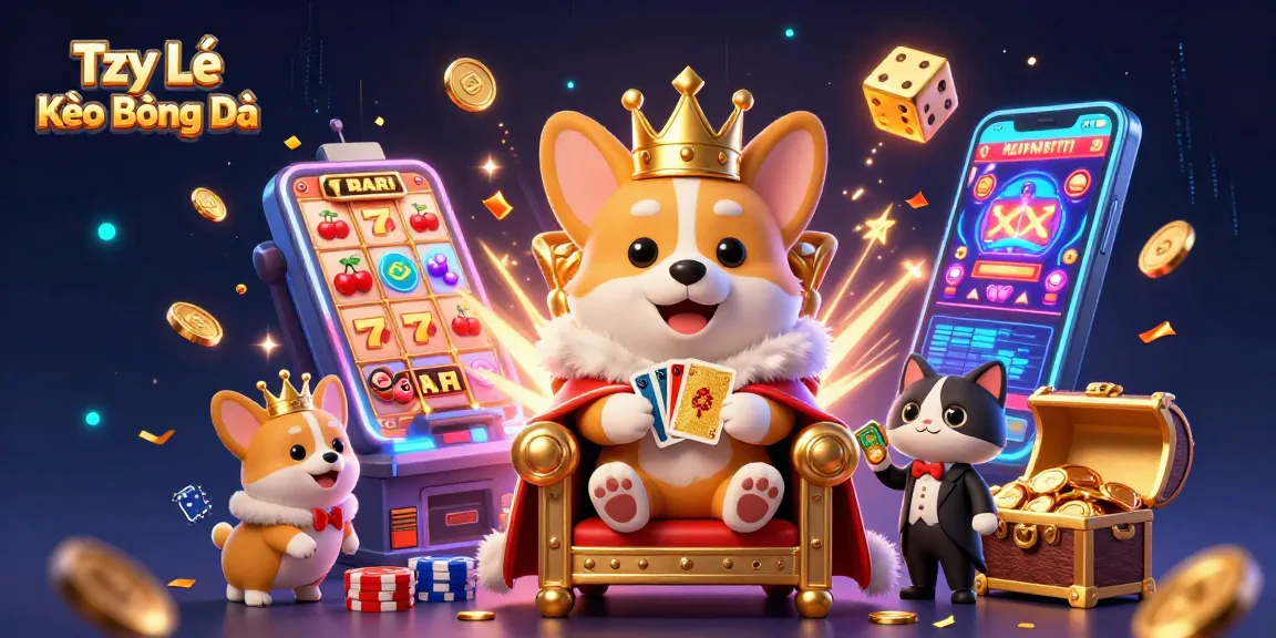 Tỷ Lệ Kèo Bóng Đá - Thrilling casino scene with corgi royalty, slot machines, and vibrant gaming elements