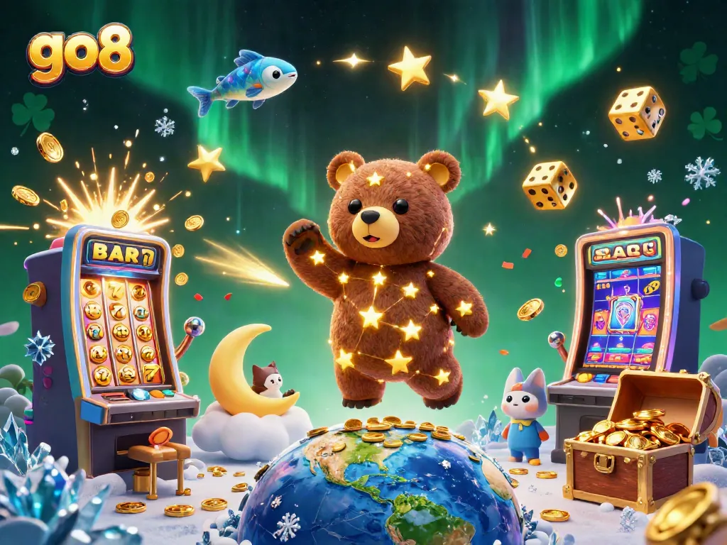 Experience thrilling wins at go8 with a golden constellation bear, slot machine jackpots, and vibrant casino action.