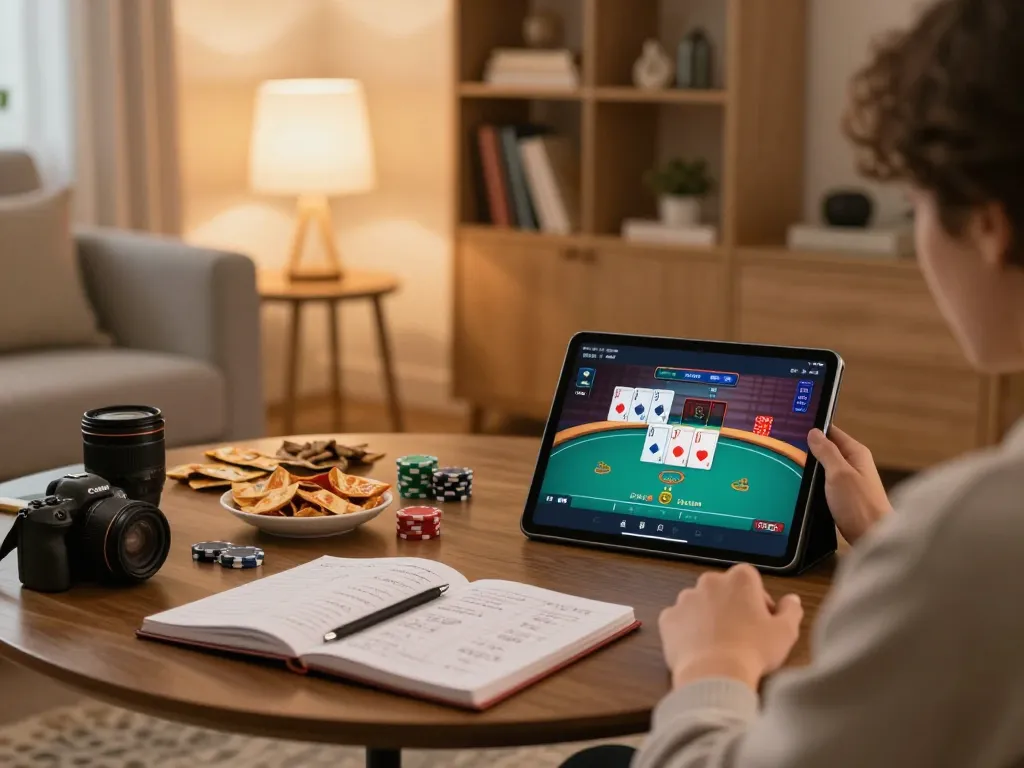 Person enjoying poker online at home using Bayvip, showcasing a cozy gaming atmosphere.
