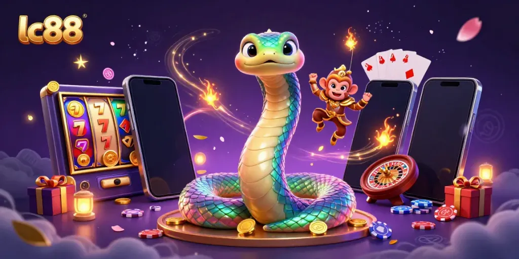 Engage with lc88's vibrant slot game featuring a dynamic rainbow serpent and a monkey king.