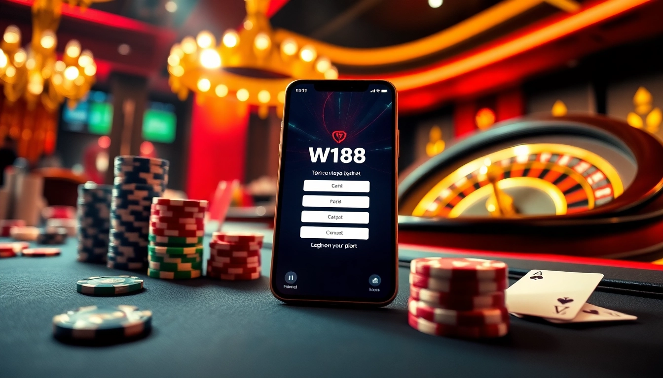Engage with the W188 login page surrounded by luxurious casino elements like poker chips and roulette wheels.