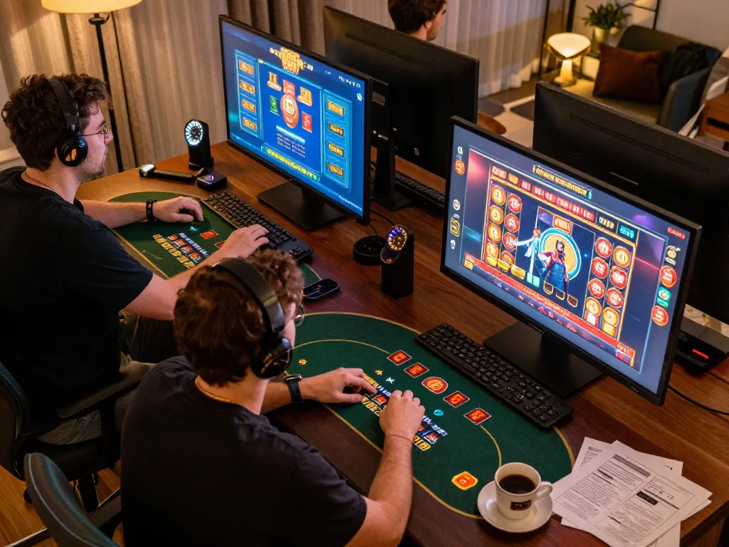 Engaging player at home gaming setup exploring 68gamebaivn casino options with dynamic screens and coffee.