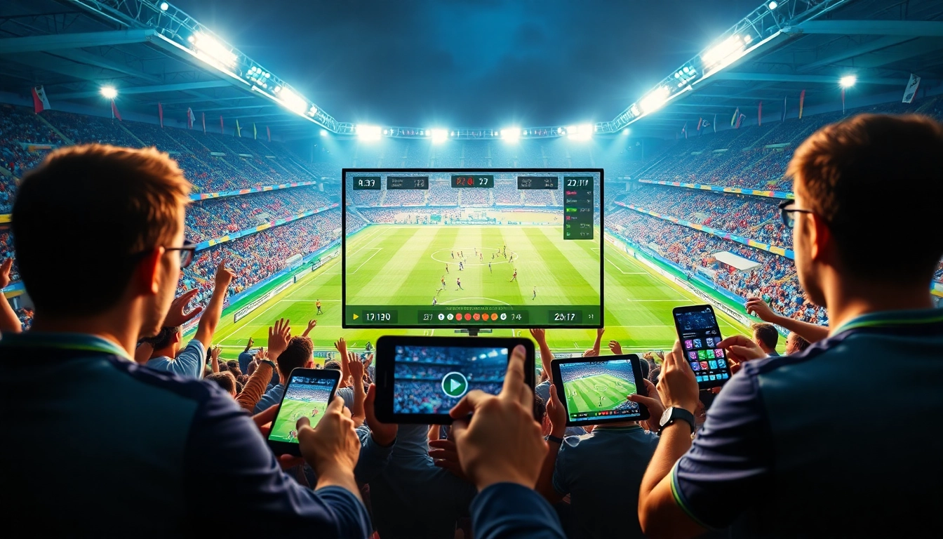 Socolive streaming live soccer matches on various devices with excited fans in a vibrant stadium.