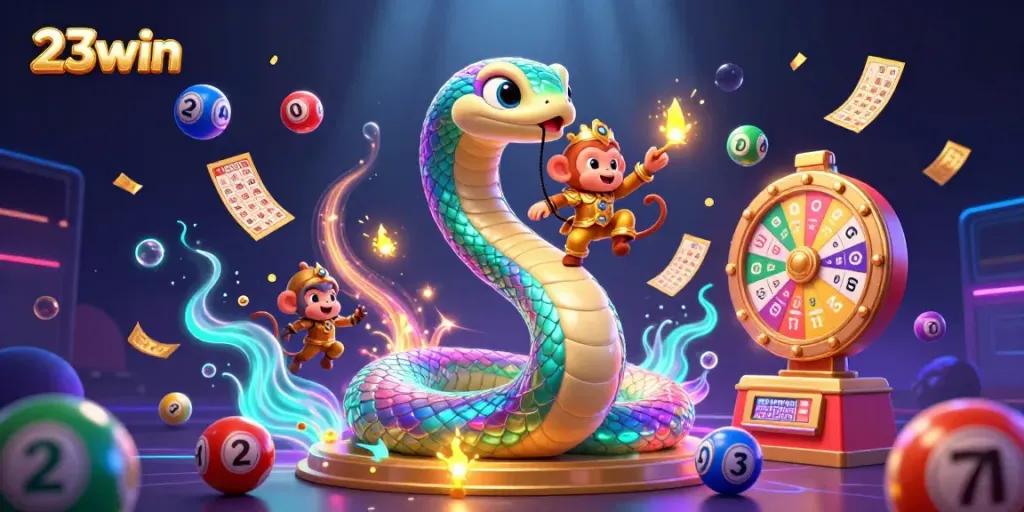 Engage with 23win's magical world featuring vibrant characters and dynamic lottery game elements.