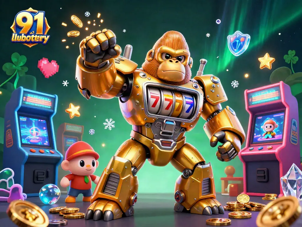 Engage in 91 club lottery with a dynamic cartoon scene featuring a golden gorilla mech and vibrant gaming elements.
