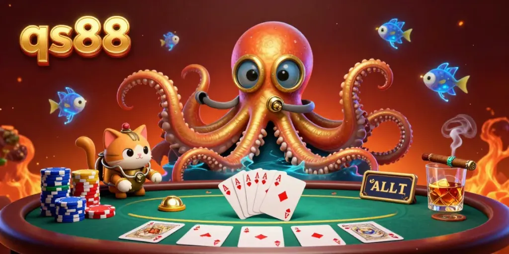 Play thrilling games at qs88 while surrounded by a surreal kraken and vibrant casino elements.