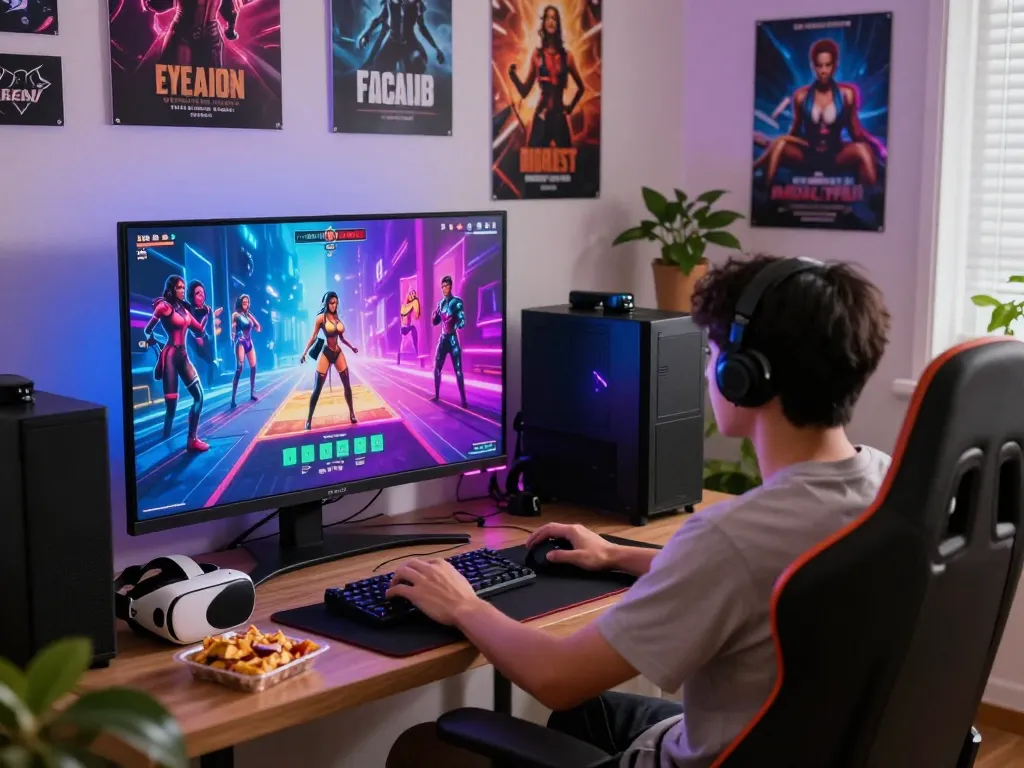 Engaged player enjoying immersive porn games in a colorful cozy gaming room.