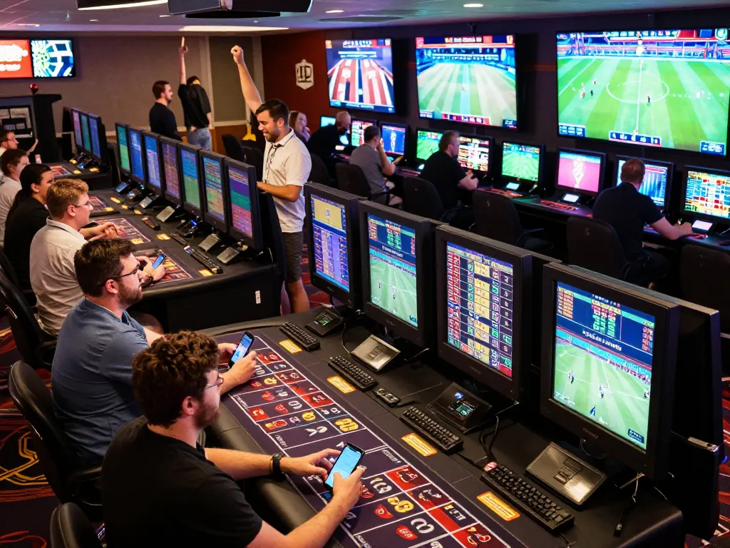 Exciting sports betting scene at MB88 with patrons placing bets and enjoying live games