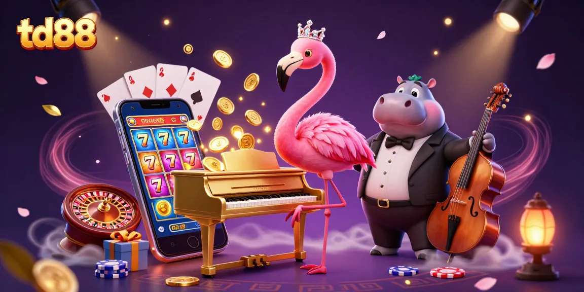 Join the excitement at td88 with a vibrant casino scene featuring a flamingo singer and hippo bassist.