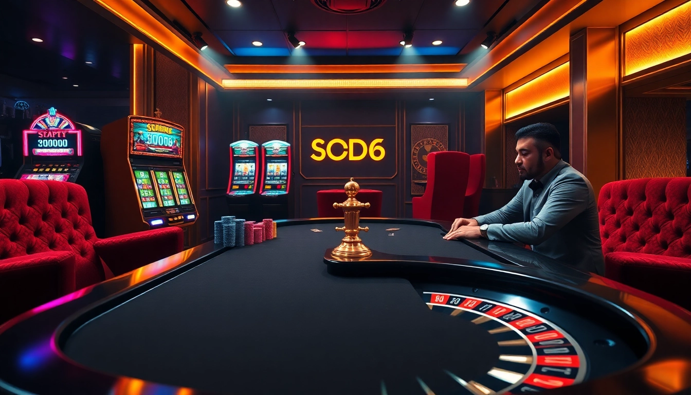 SODO66 offers an exciting casino experience with poker chips and a roulette wheel in a luxurious setting.
