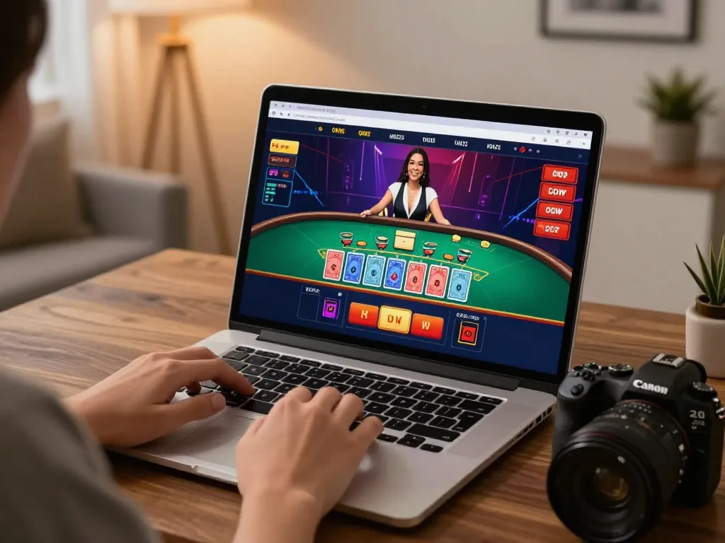 Engaged player exploring live Baccarat at online LLWIN casino on laptop.