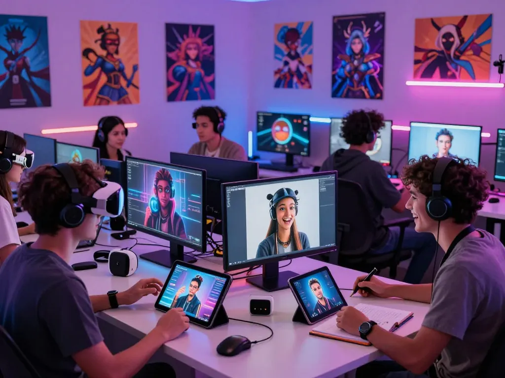 Interactive scene with crushon AI avatars in a vibrant chatroom, engaging users in lively conversations.