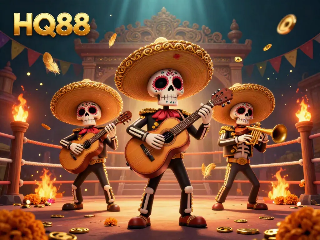 Engage in exciting gameplay at HQ88 with a vibrant 3D illustration showcasing lively mariachi skeletons amidst a rich casino atmosphere.