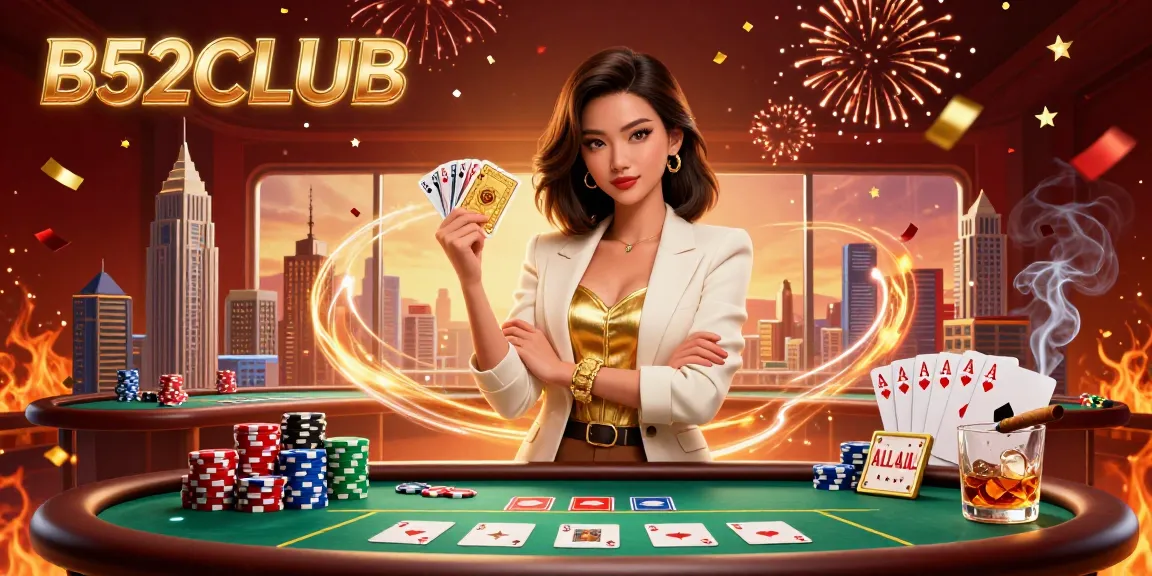 B52CLUB showcases a stylish Asian businesswoman holding cards in an extravagant casino scene.