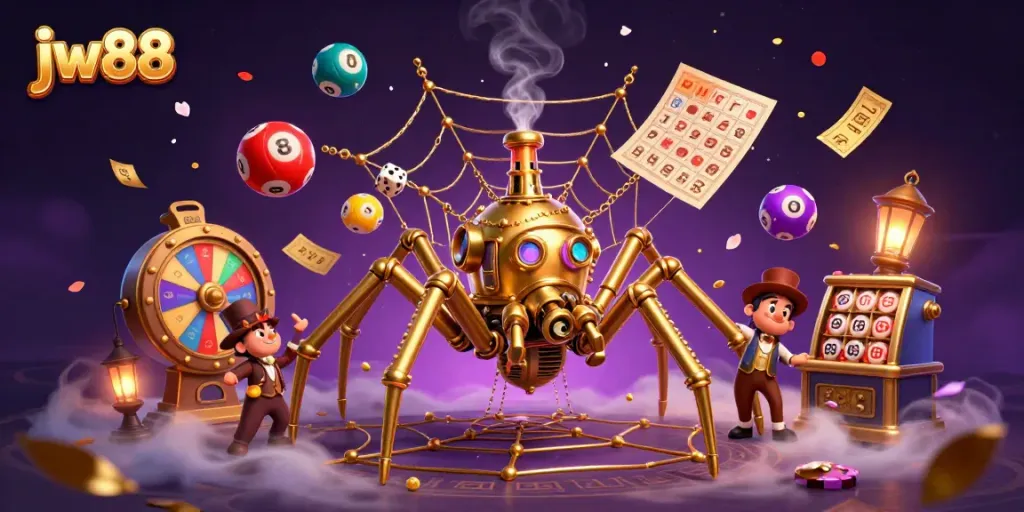 Engage in thrilling gameplay with jw88: vibrant lottery and casino elements in a dynamic scene.