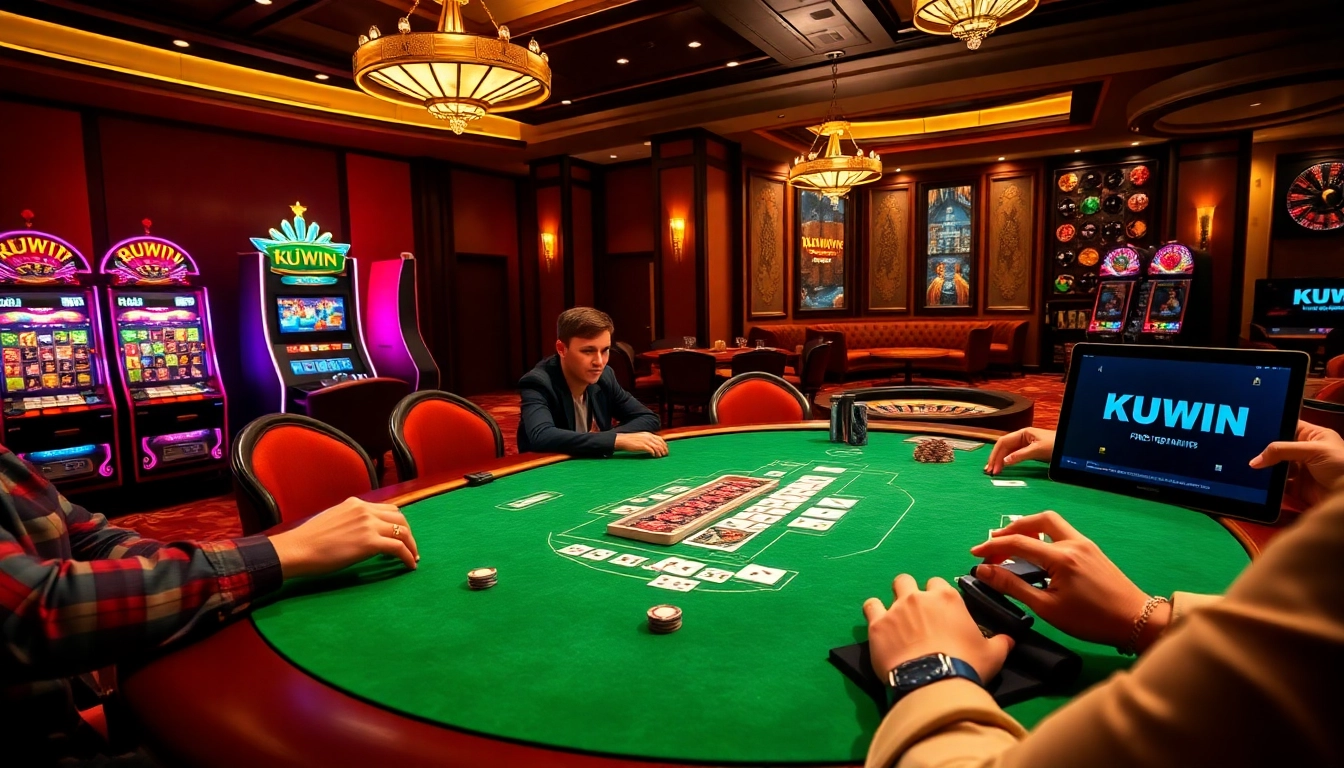 Players engaging in a strategic poker game with the KUWIN platform visible on a tablet.