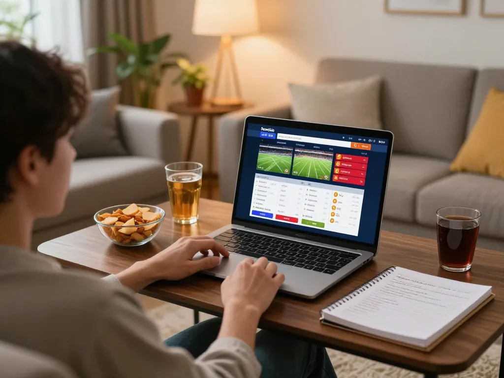 Bongdalu online bet interface on laptop in cozy home setting, showcasing live scores and strategic notes.
