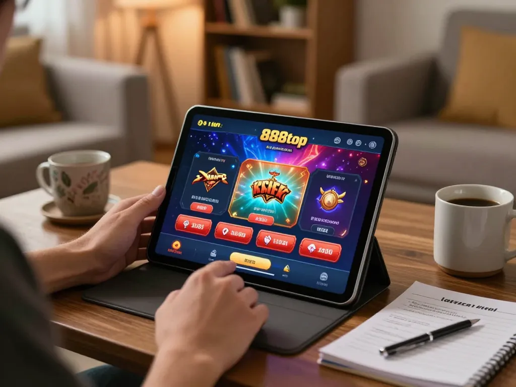Player exploring the 888top casino app on a tablet in a cozy living room setting.
