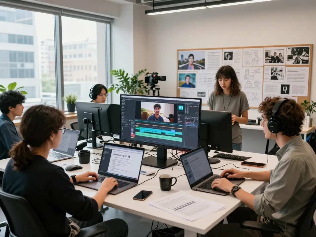 Collaborative team using Seedance AI for video production in a modern studio.