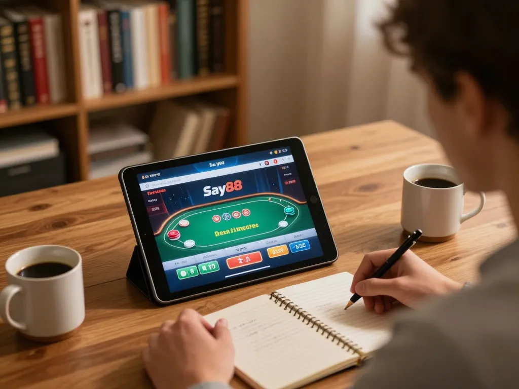 Engaging user plays poker on Say88 tablet in a cozy home setting