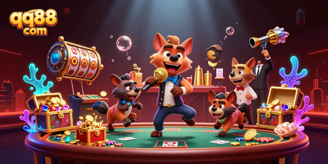 Experience the excitement at qq88 com with lively hyenas in a casino club setup, humorously engaging in casino fun.