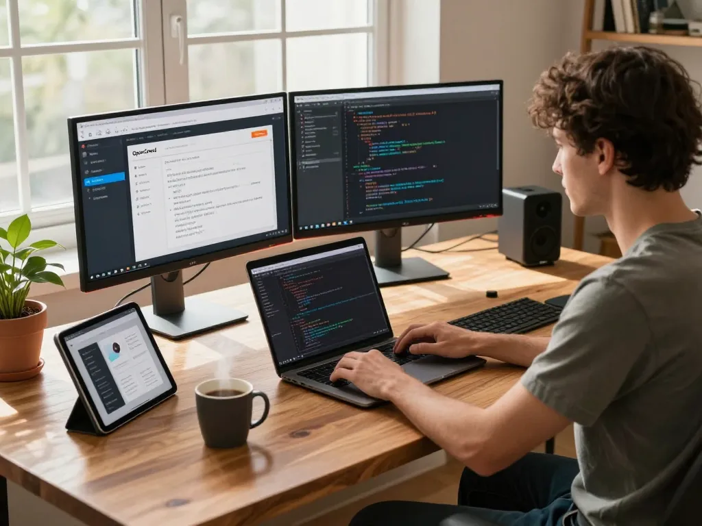 Developer coding with OpenClawd on dual monitors in modern workspace