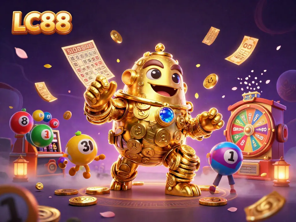 Engage in thrilling gameplay at LC88 with colorful lottery elements surrounding a golden golem.