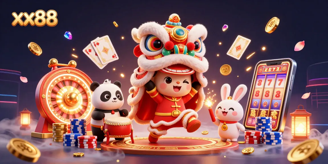 Experience xx88 gaming thrills with a lion dance, cosmic coins, and vibrant casino elements.