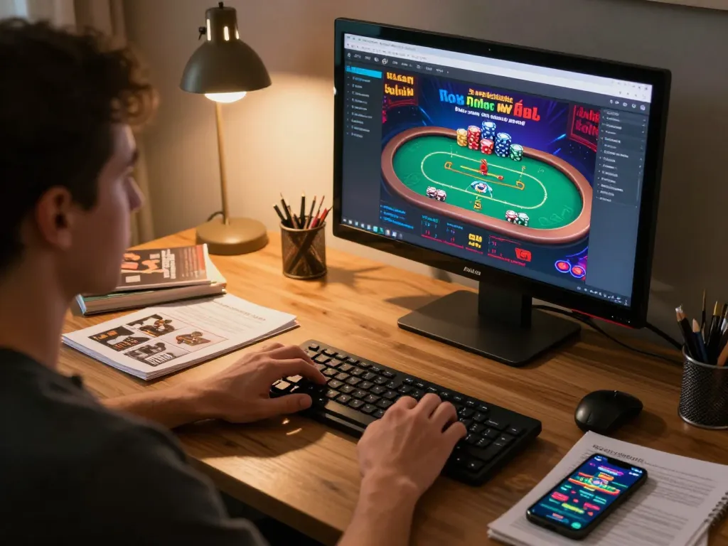 Engaging in digitalwala online poker game while studying strategy notes for improved gameplay.