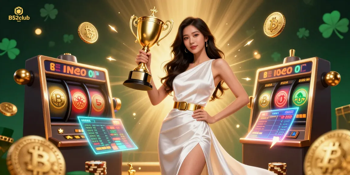 B52club showcases a victorious Asian woman in a stunning gown, surrounded by dynamic gaming elements like slot reels and crypto coins.