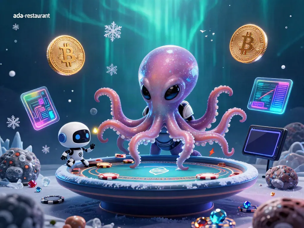 Experience the gameplay at ada-restaurant with alien octopus and vibrant poker table in a cosmic setting.