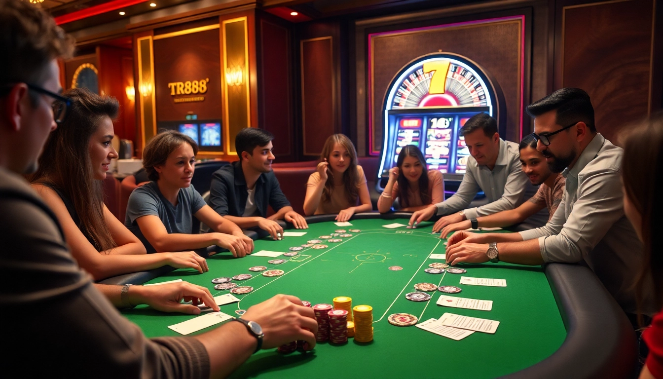 Players enjoying an engaging TR88 game at a vibrant casino table with dynamic action