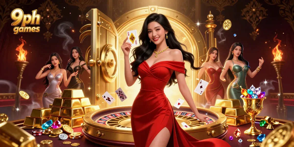 Experience thrilling 9ph games with a captivating scene of a confident player, roulette wheel, and golden treasures