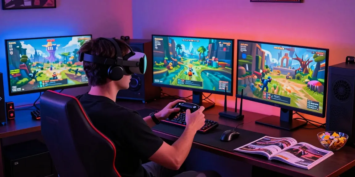Gamer enjoying immersive xxx games in a vibrant virtual setting with LED lights and multiple monitors.