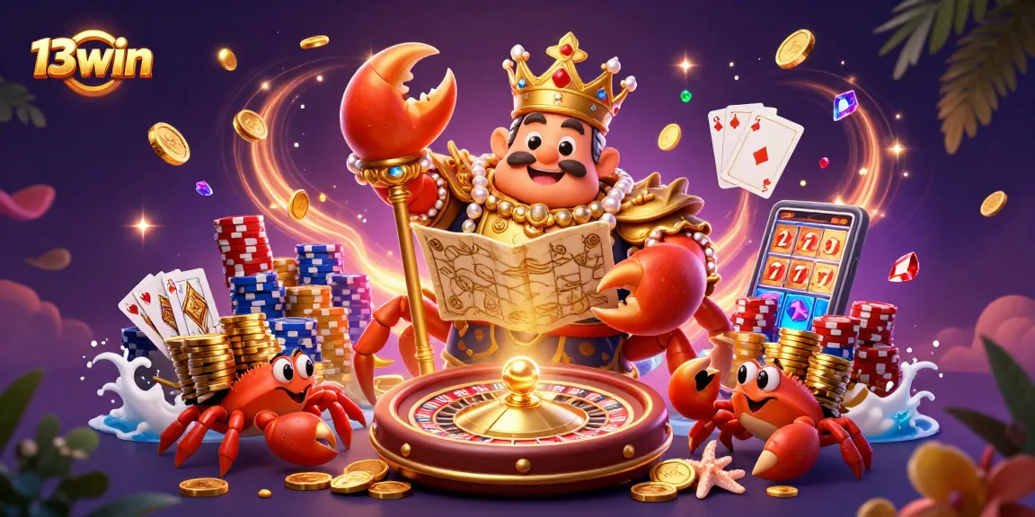 Experience 13win's thrilling gaming universe with a golden crab emperor and treasures!