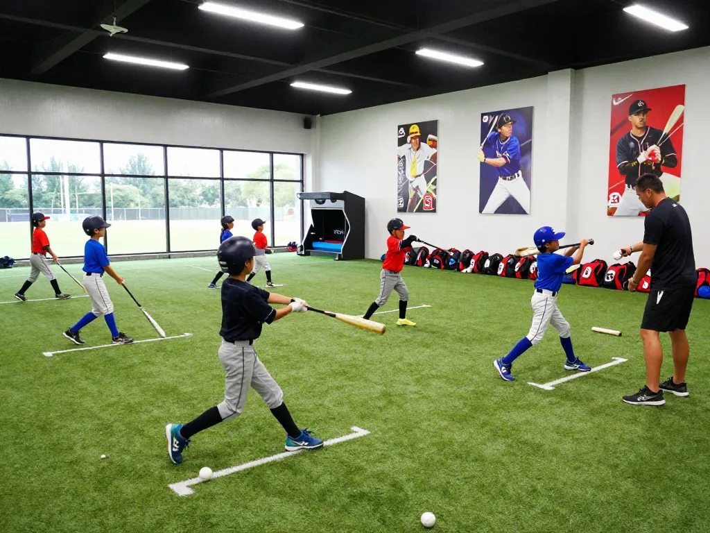 Youth athletes training at Hitclub baseball facility, immersed in dynamic drills and teamwork.