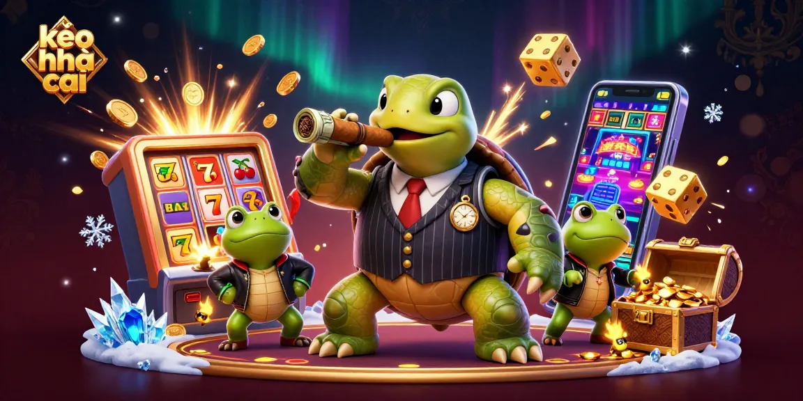 Kèo nhà cái vibrant scene with a snapping turtle mobster, slot machine, and bullfrog enforcers dynamic action.