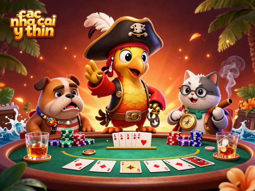 Engage with cac nha cai uy tin through this vibrant 3D pirate-themed casino scene filled with poker elements.