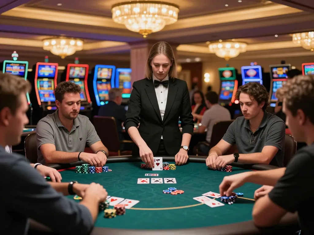 Players at 79kin poker table celebrating a winning hand with chips stacked high