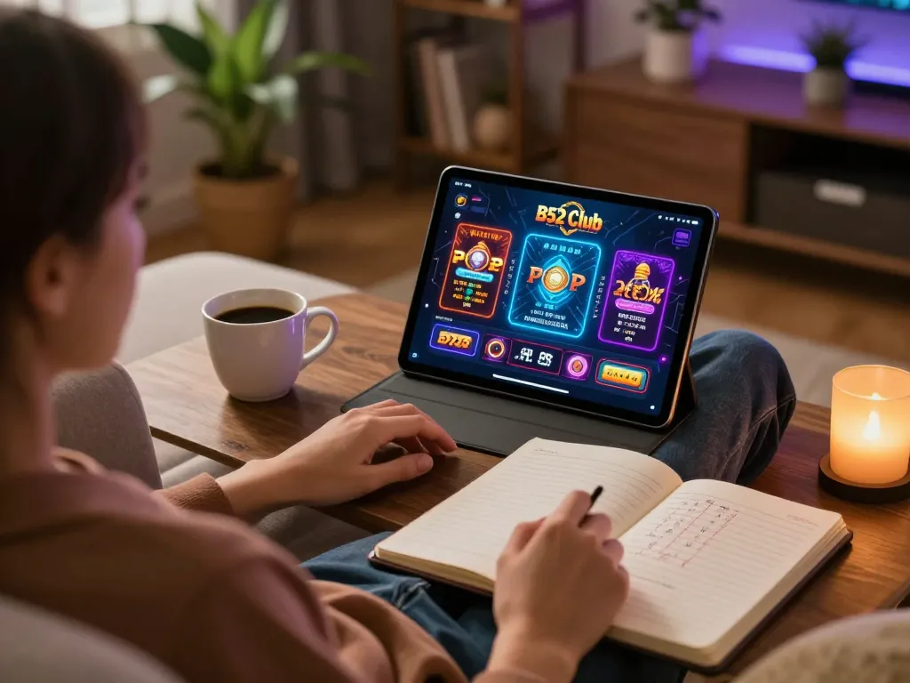 B52 Club user engaging with mobile gaming app in a cozy home setup