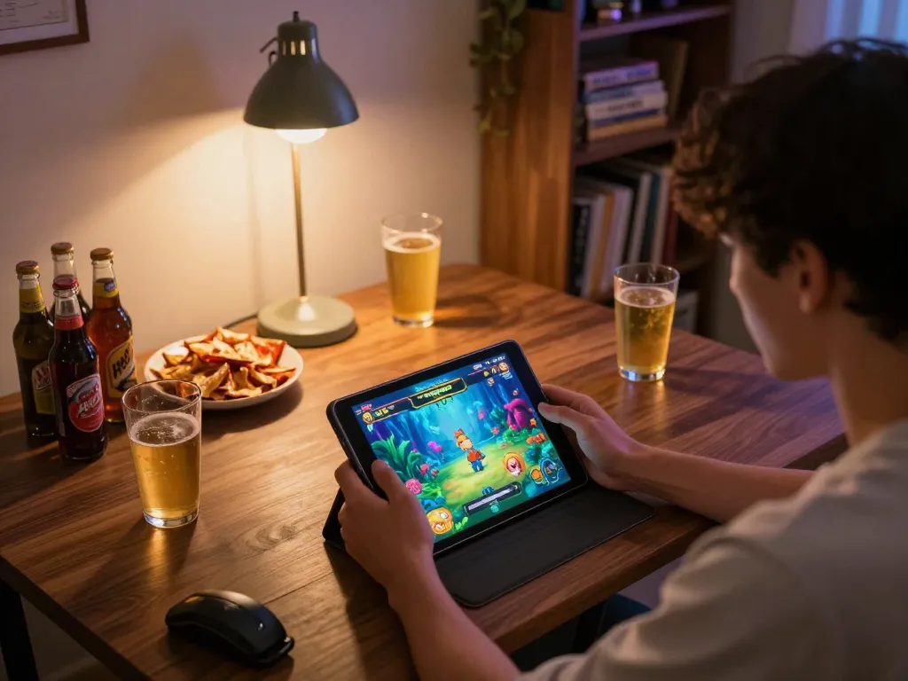 Bắn cá đổi thưởng with a player enjoying a dynamic online gaming session at home, emphasizing strategy and entertainment.