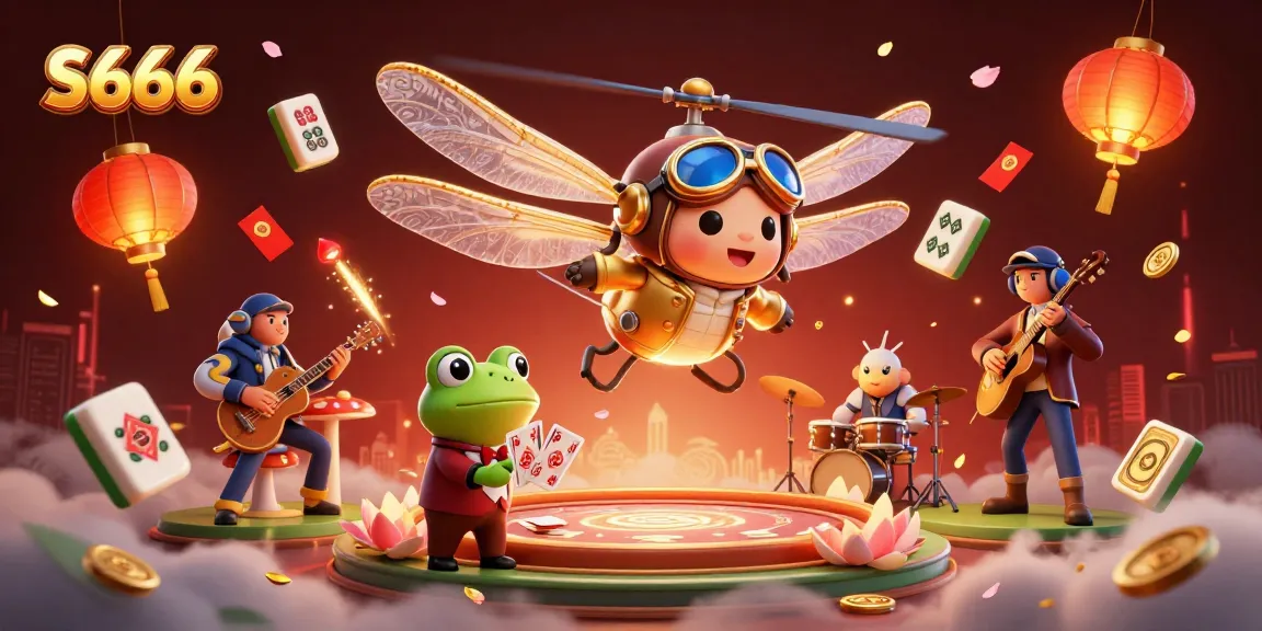 S666 online casino illustration with a dragonfly pilot, frog dealer, and jazz musicians, capturing vibrant gambling excitement.