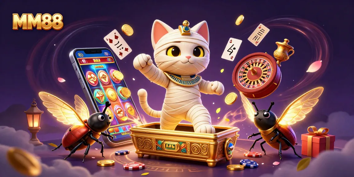 Engage in thrilling gameplay at MM88 with an Egyptian mummy cat and exciting casino elements.
